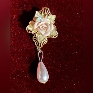 1928 Pink Porcelain 3D Rose Brooch Pin